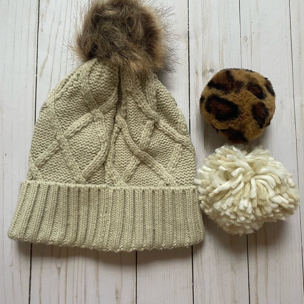 Tan Neutral Beanie With Interchangeable Hat Toppe… - image 2